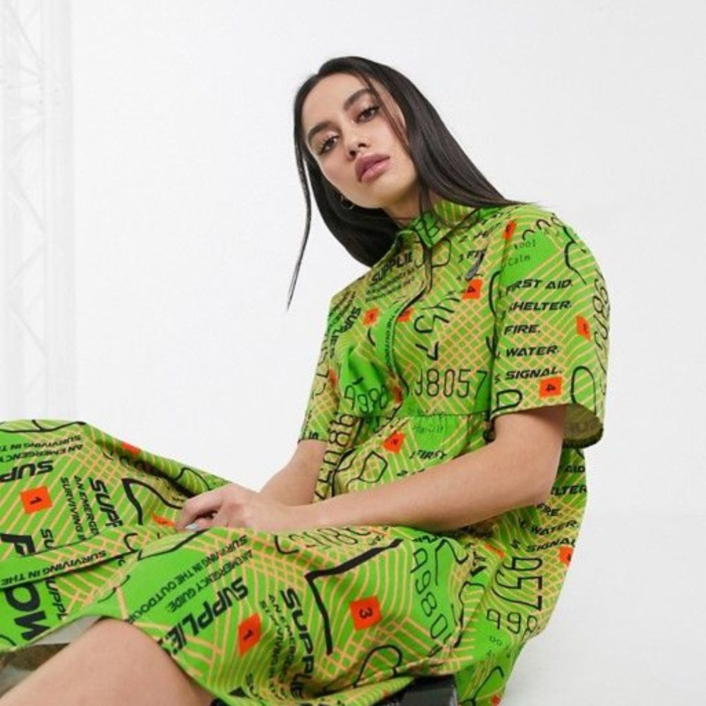 COLLUSION printed colorful daydress green midi smock shirt day dress